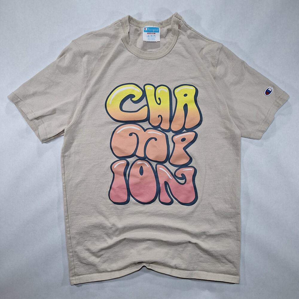 Champion T Shirt Mens Medium Beige Graphic Bubble Wrap Pebble Short Sleeve